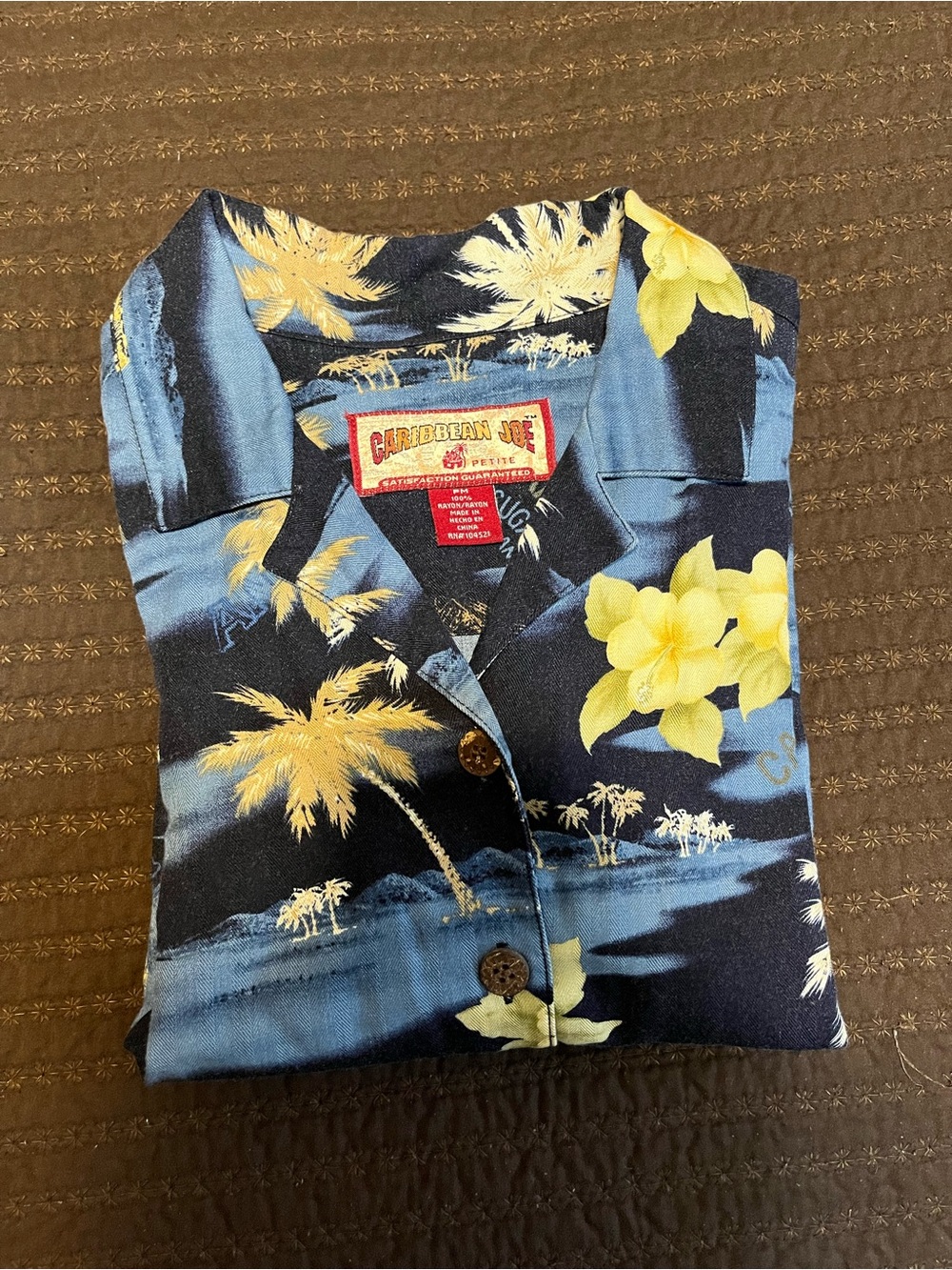 Caribbean Joe Navy Blue Hawaiian Camp Shirt with Yellow Floral Print